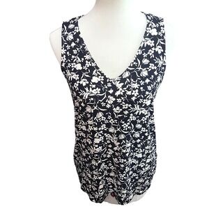 Market & Spruce Navy White Floral Lattice Back V-Neck Tank Top Petite Medium MP